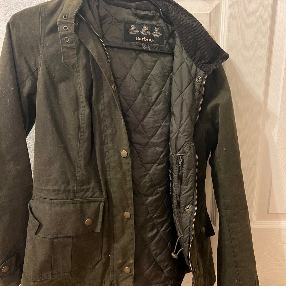 Green Barbour Hooded Wax Canvas Jacket, SZ 8